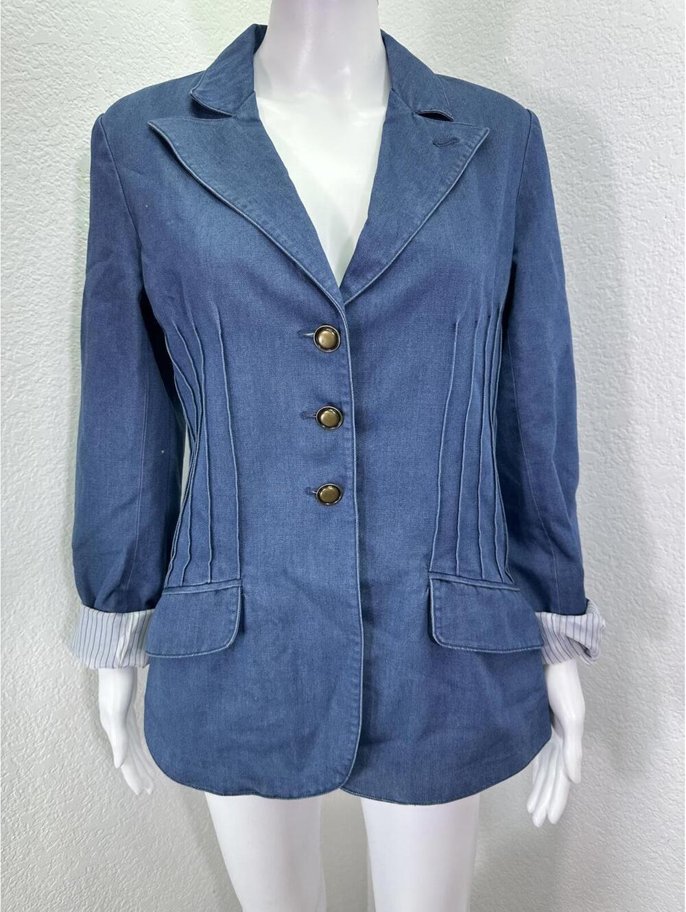 Womens Sz 8 J Peterman Denim Blazer Tailored Fit Pintuck Preppy Office Casual